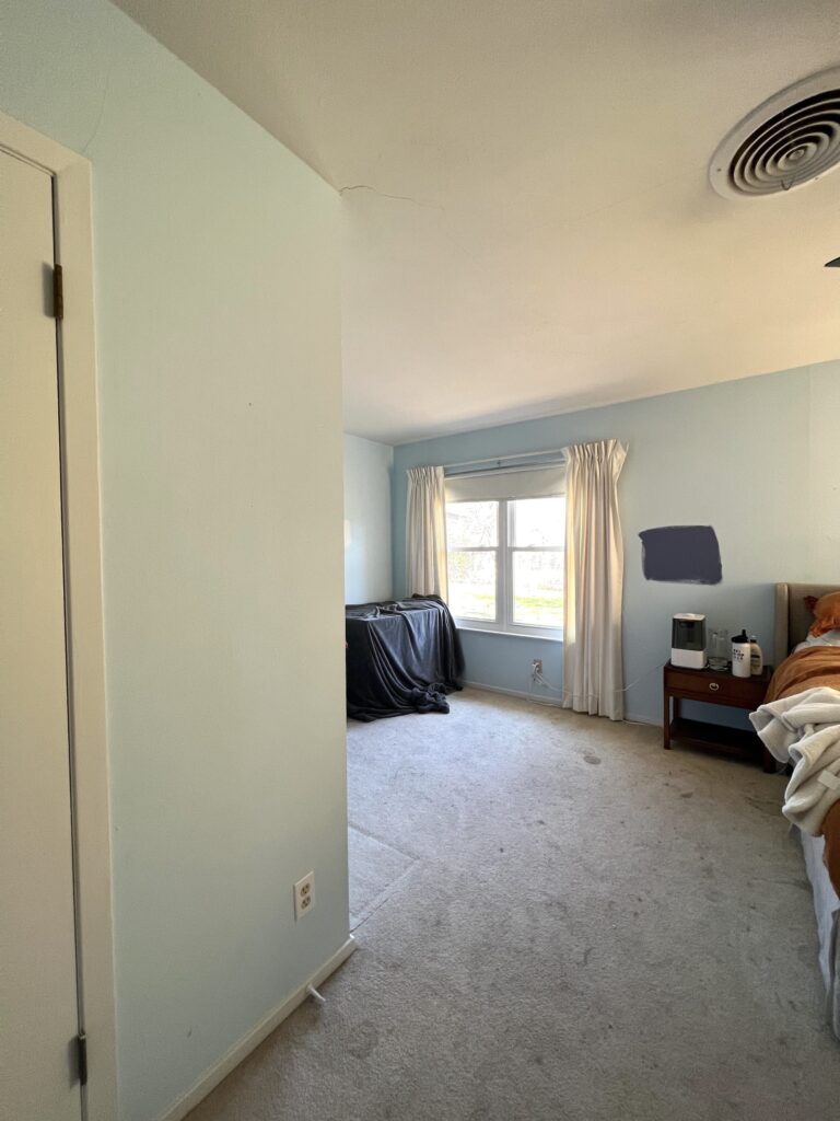 Primary Bedroom Remodel Before, Old carpeted floors, textured walls, old layout