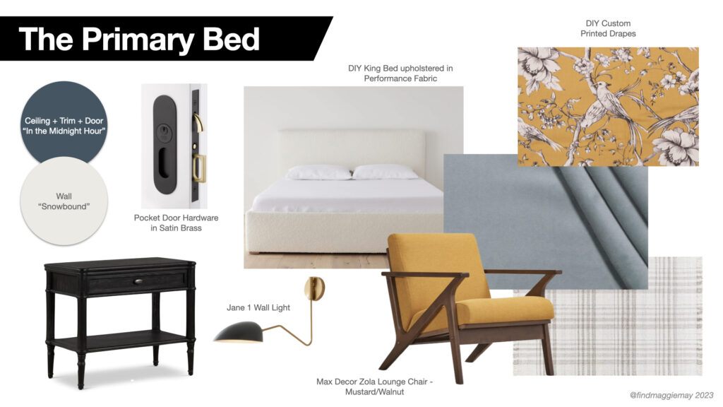 Moodboard for a fun modern primary bedroom, Moody blue paint for the ceiling and trim, White paint for the walls, King Platform Bed in blue velvet, Printed custom drapes